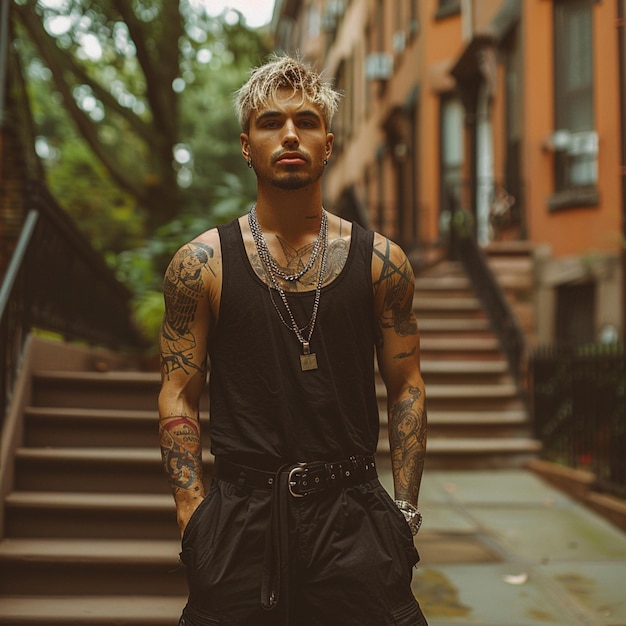 Photo a man with tattoos on his arms stands on a sidewalk