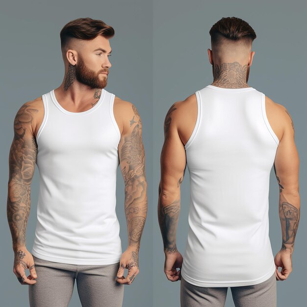 Photo a man with tattoos on his back and the words quot he is wearing a white tank top quot