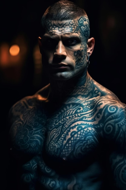 A man with tattoos on his chest and a black background