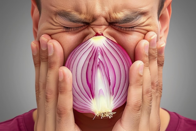 Man with Tearful Eyes Squeezing Fresh Onion Halves Emotional Cooking Concept Illustration