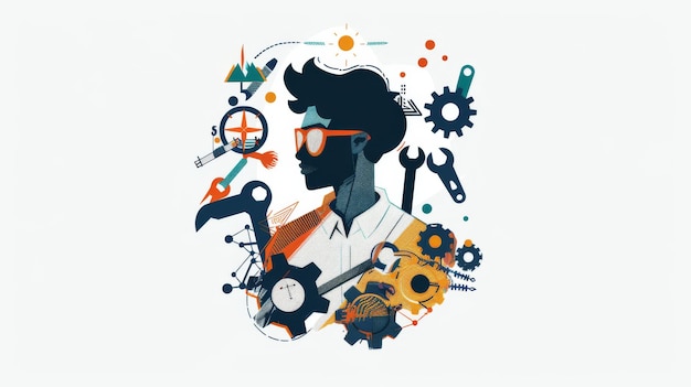 Photo a man with a tie and glasses is surrounded by gears and other mechanical objects