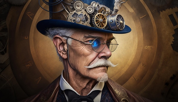 A man with a top hat and a steampunk style hat with gears on it.