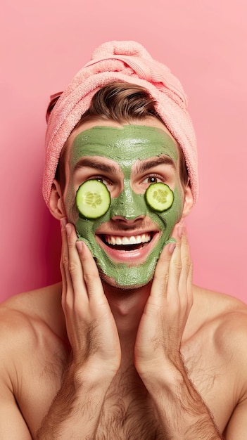 A man with a towel wrapped around his head has a cucumber placed on his face as part of a skincare