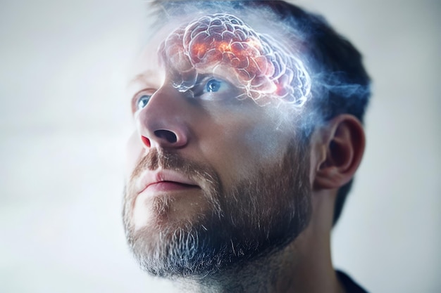 Photo a man with a transparent brain revealing neural activity represents the cutting edge study of brain