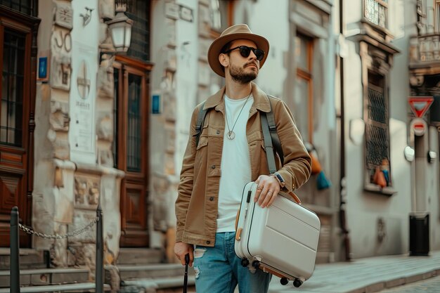 Photo man with travelling suitcase posing on street