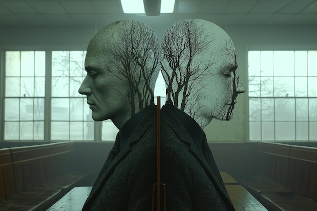 Photo man with trees growing from his head in a desolate room