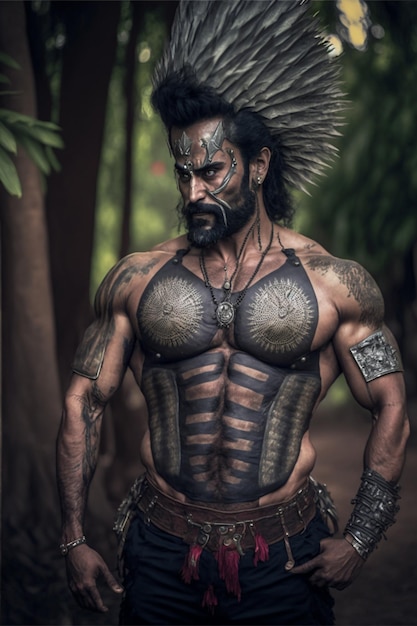 A man with a tribal tattoo on his chest stands in a forest.