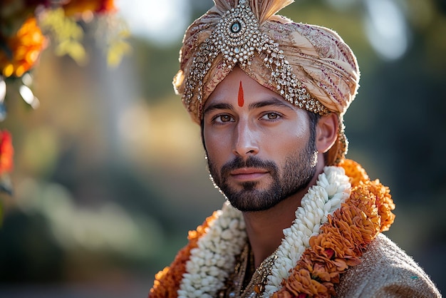 Photo a man with a turban on his head is standing in front of a tree