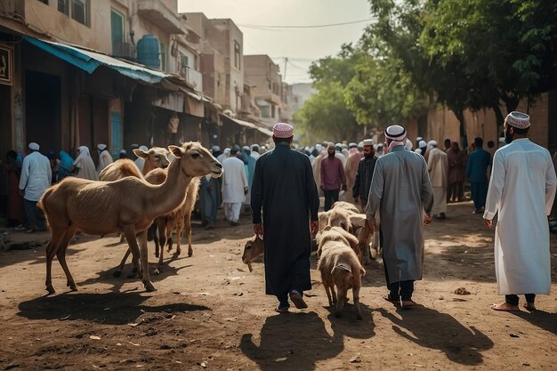 a man with a turban walking with camels and people in the background