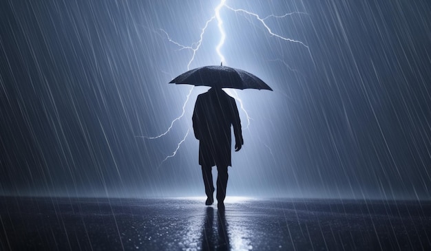 a man with an umbrella and lightning in the sky