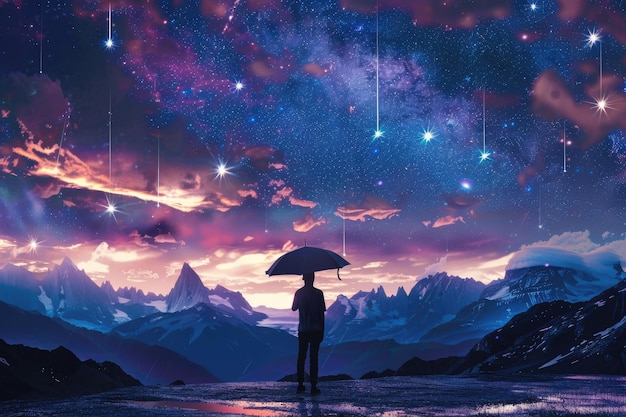 A man with an umbrella under starry sky with meteor shower and mountains in background