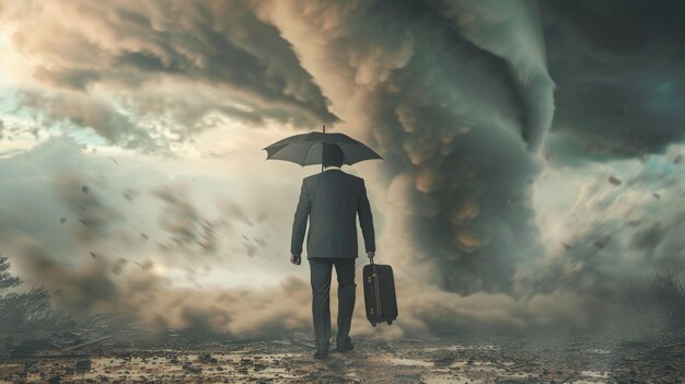 a man with an umbrella walks on a beach with a storm in the background