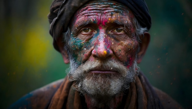 A man with a very colorful face and a black hat is standing in front of him.