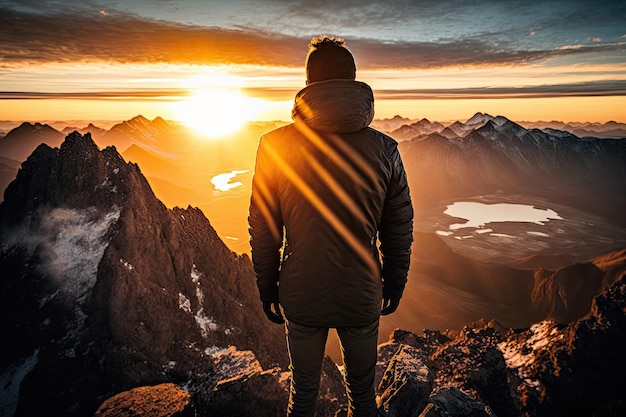 Man with view of sunrise atop mountain peak