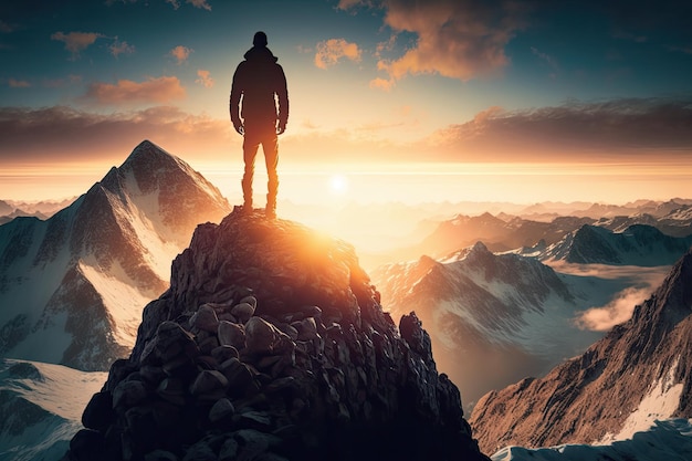 Man with view of the sunrise standing on mountain peak