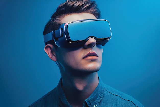 Man with virtual glasses on blue background