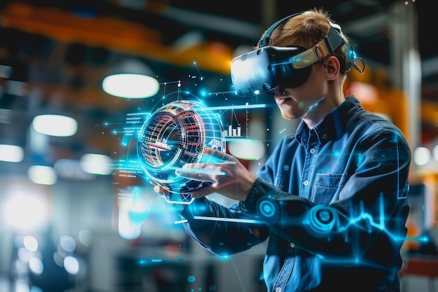 Man with VR glasses working on holographic architectural model