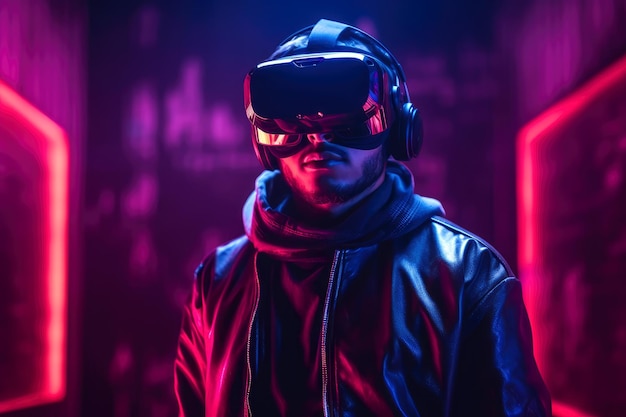 A man with a vrhelmet on his head observes the space of virtual reality on a dark background