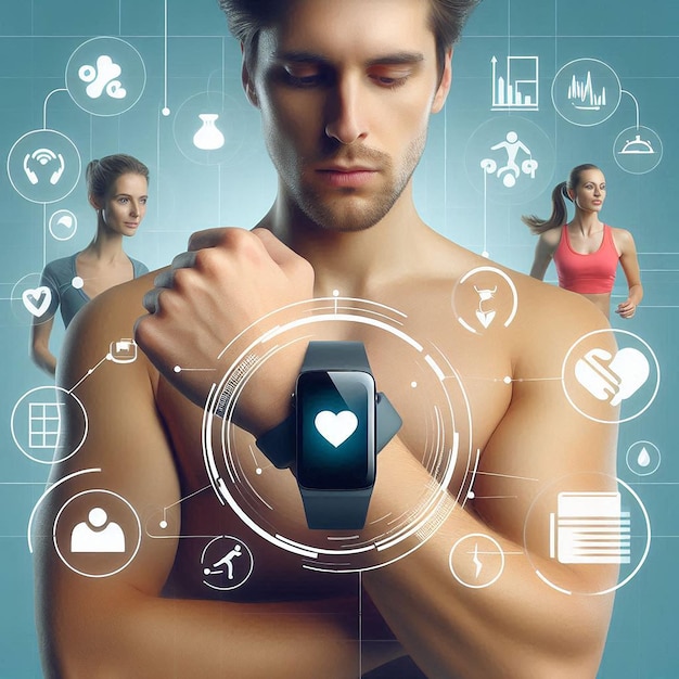 Photo a man with a watch on his chest and the words  watch  on the screen