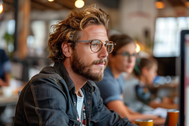 Man with wavy hair and glasses working at a computer in an office setting