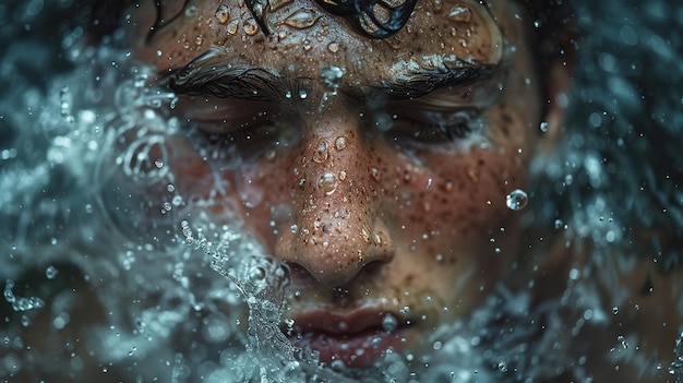 a man with wet hair and water splashing his face