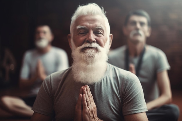 A man with a white beard and a beard is in a yoga pose.