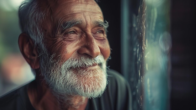 a man with a white beard and a beard sits on a window sill