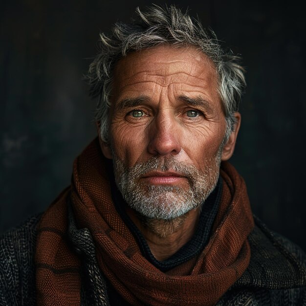 a man with a white beard and a brown scarf is standing in front of a black background