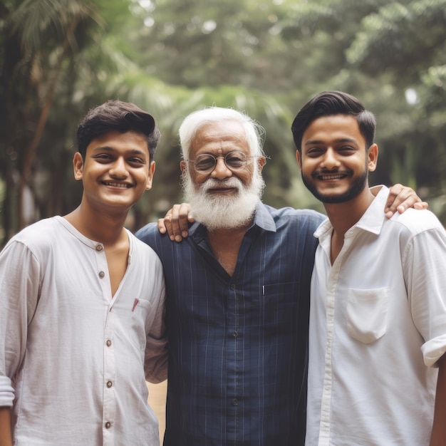 A man with a white beard and a man with a blue shirt that says'the man is wearing a white shirt '