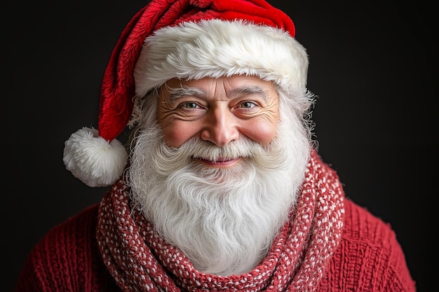 A man with a white beard wearing a red sweater and a red hat