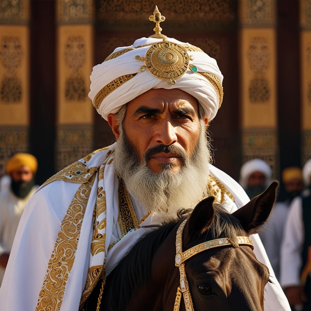 Photo a man with a white beard and a white robe on a horse