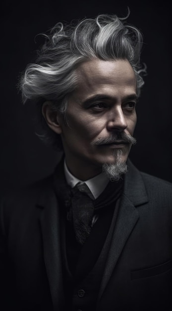 A man with a white hair and a black suit is standing in a dark room.