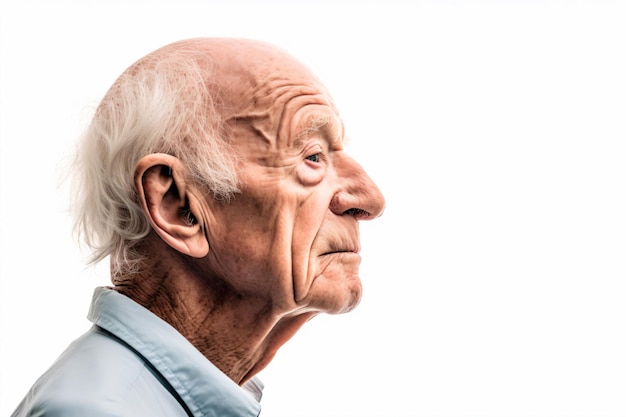 a man with a white hair and a blue shirt