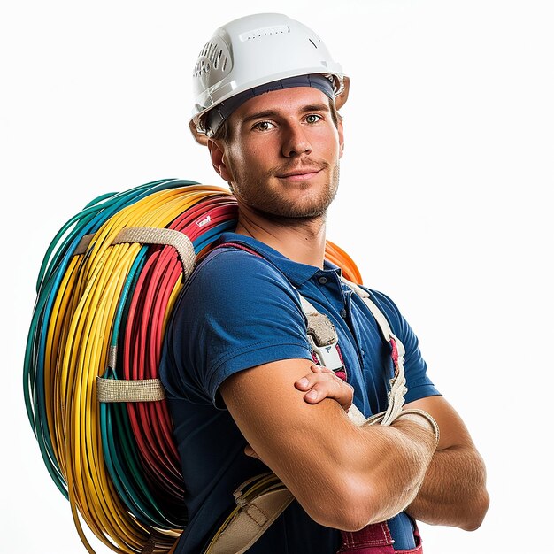 a man with a white hard hat and a large bag of cords