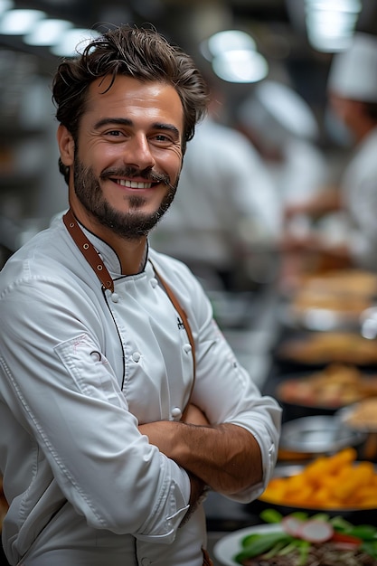 a man with a white hat and a white apron is smiling