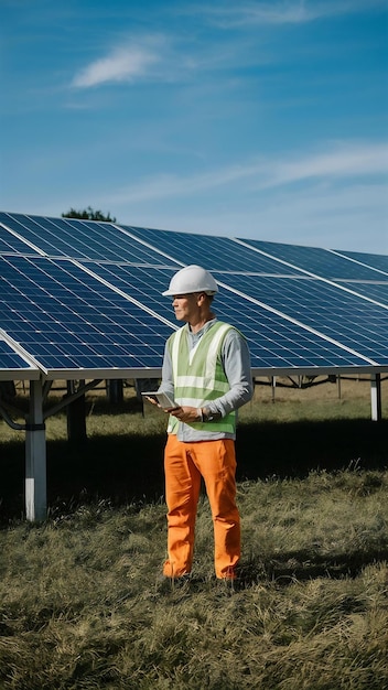 Man with white helmet near a solar panel