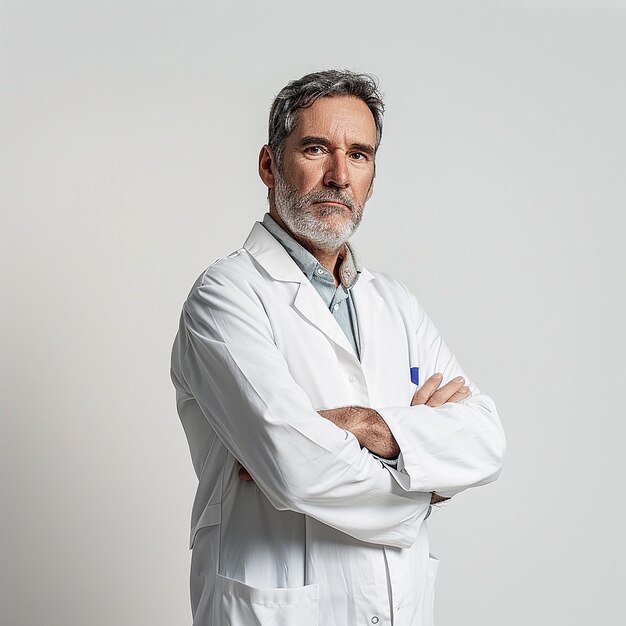 a man with a white lab coat and a blue shirt with a pen in his hand