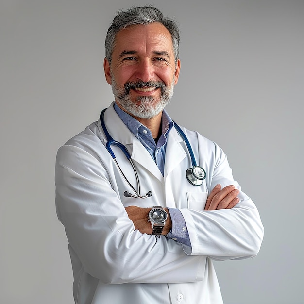 a man with a white lab coat and a stethoscope on his chest