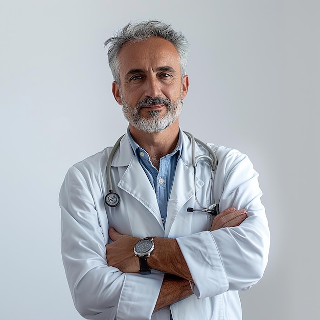 a man with a white lab coat and a stethoscope on his chest