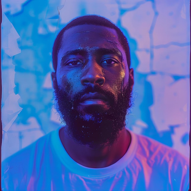 a man with a white shirt and a blue and red background