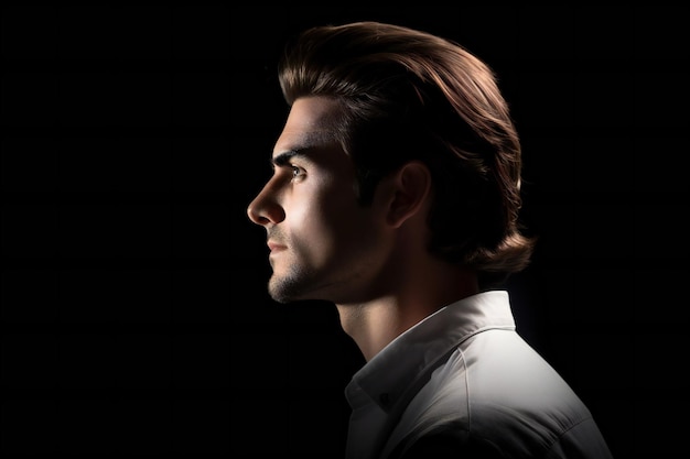 A man with a white shirt and dark hair stands in front of a black background.