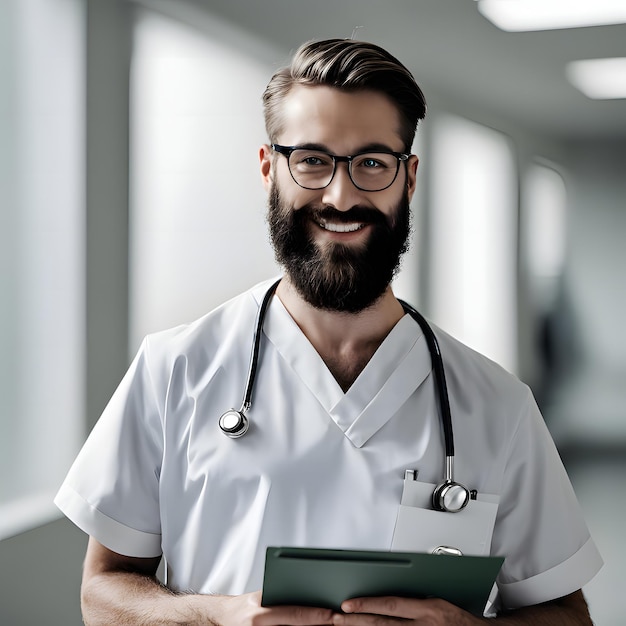 a man with a white shirt and glasses is holding a clipboard