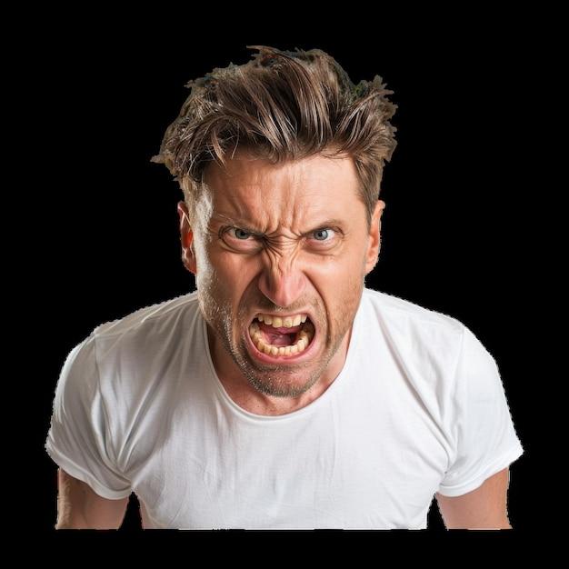 a man with a white shirt that says  angry  on the front