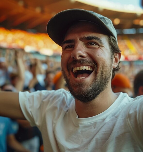 Photo a man with a white shirt that says quot he is smiling quot