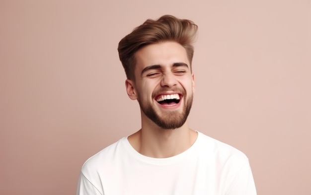 A man with a white t - shirt is laughing and wearing a white t - shirt.