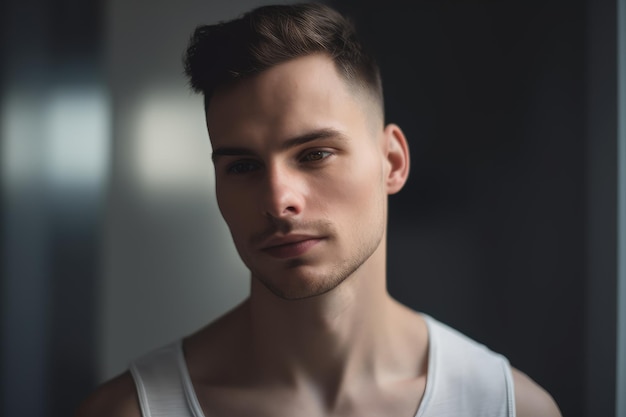 A man with a white tank top stands in a dark room.