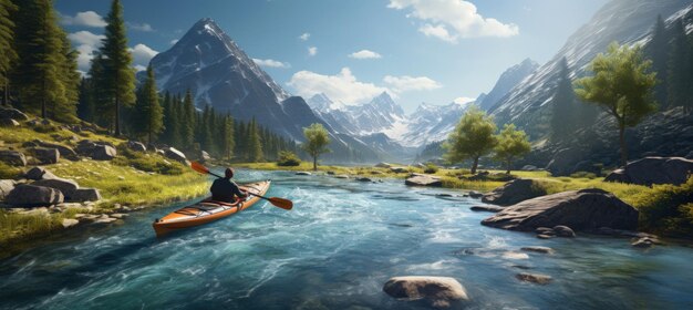 A man with a whitewater kayak goes down a fast flowing river from the mountains AI generated image