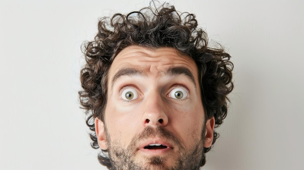 Photo man with wild curly hair and wideeyed expression of surprise