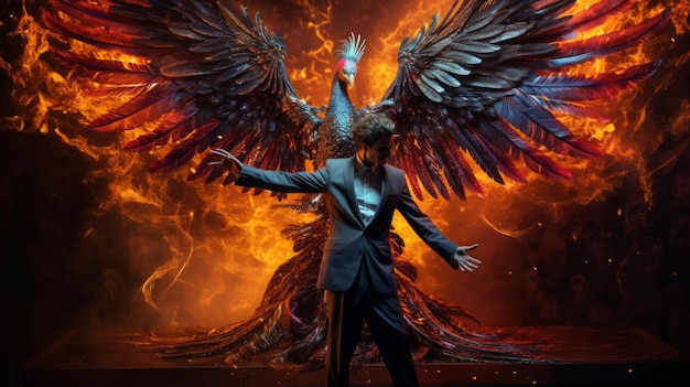 a man with wings on his back is dancing in front of a fire that is burning