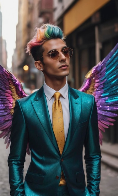 a man with wings wearing a suit and tie